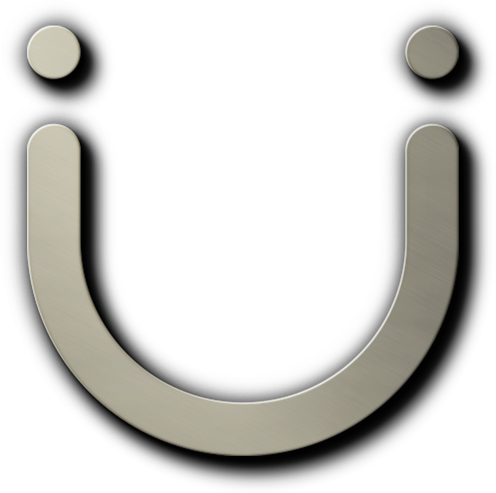 Logo, u shape with a small circle on top of each end. Above each line of the u shape, on each end, are circles that represent faces. It's two people united. The logo also looks like a smiley face, with the two dots representing the eyes and the long u arch being the big and plesent, welcoming smile.